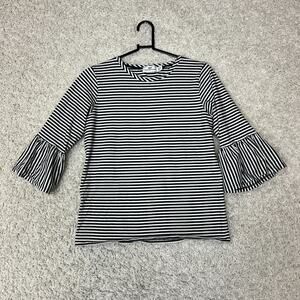 Vineyard Vines Shirt Women Small Black White Striped Stretch Bell 3/4 Sleeve